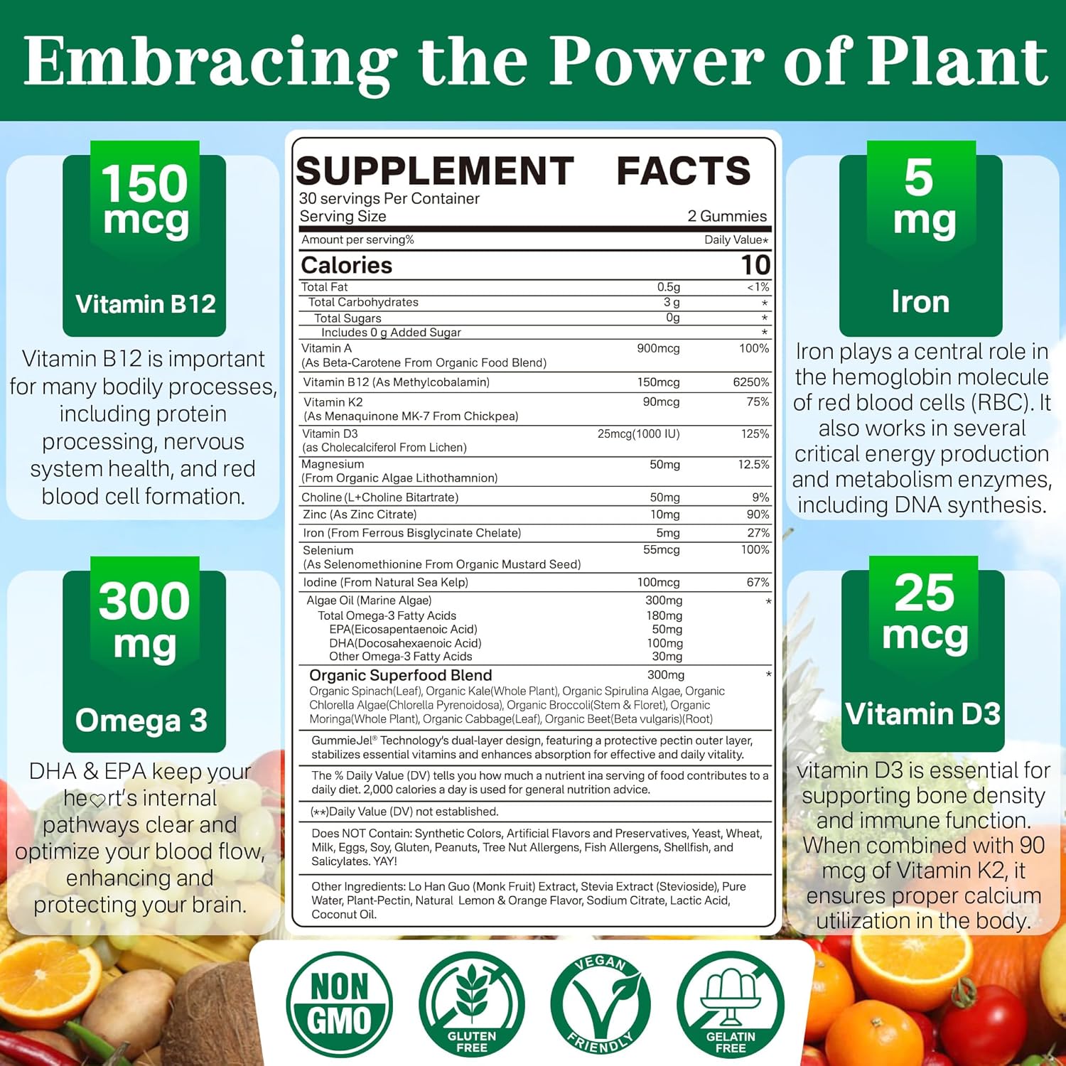 Vegan Multivitamin Gummies with NEVISS Vitamin D3 5000iu & K2 200mcg Gummies - Plant-Based Immune Support