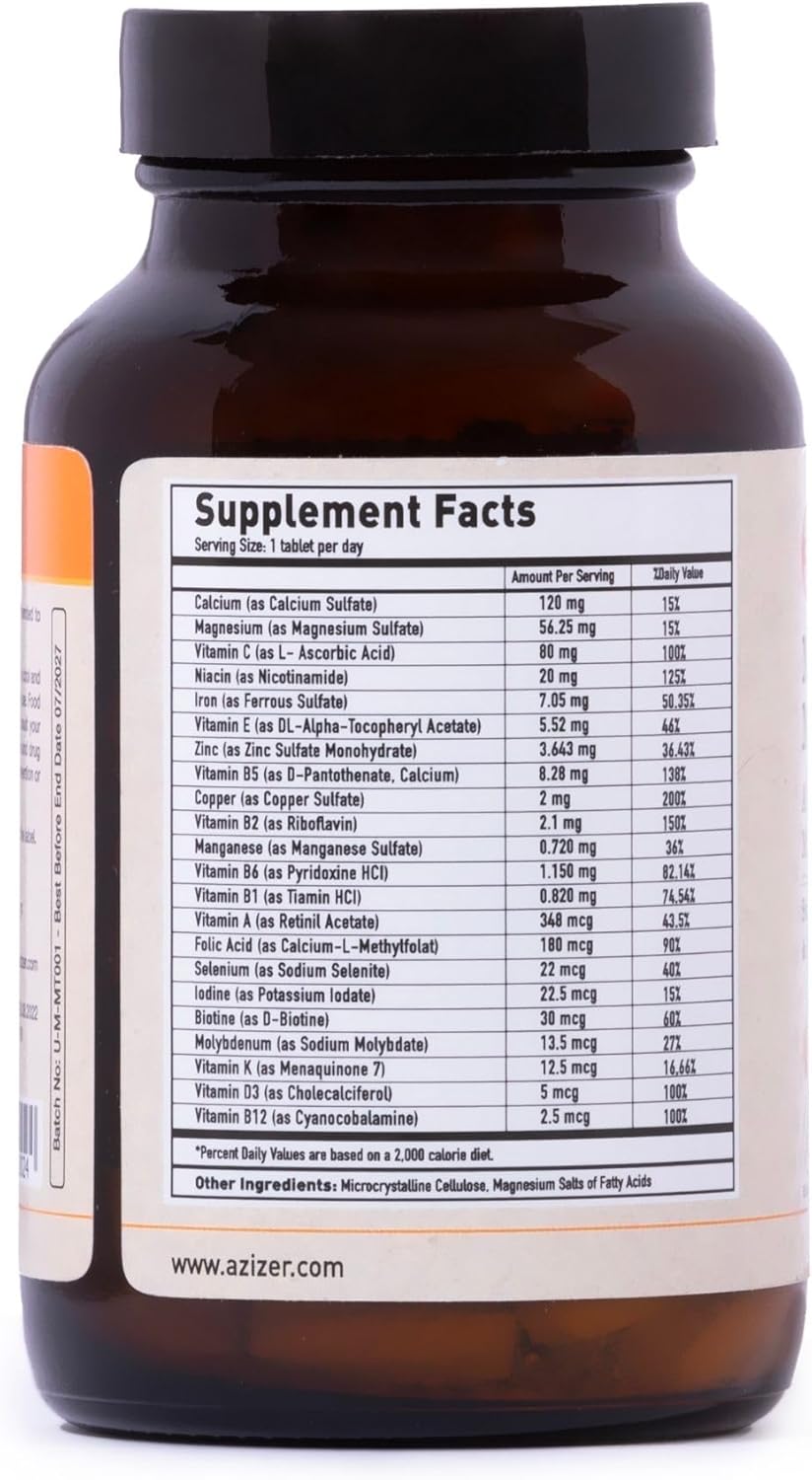 Vegan Multivitamin & Mineral Complex with Calcium, Magnesium, Vitamin A, B, C, D, Iron, Zinc - 60 Tablets for Immune Support & Overall Health