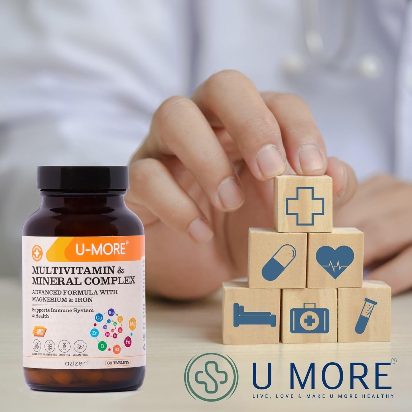 Vegan Multivitamin & Mineral Complex with Calcium, Magnesium, Vitamin A, B, C, D, Iron, Zinc - 60 Tablets for Immune Support & Overall Health