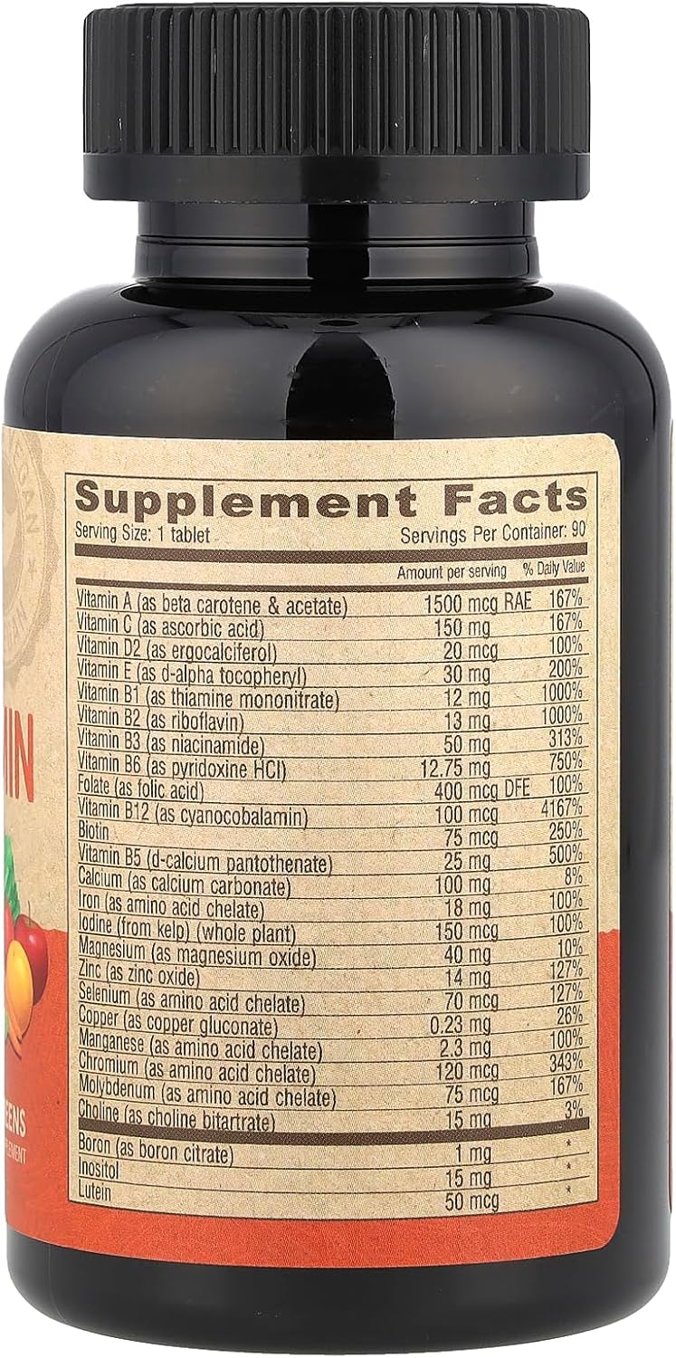 Vegan Multivitamin Tablets for Women & Men with Iron, Vitamin C, B Complex, B12, E, Zinc - 90 Tablets, Gluten Free