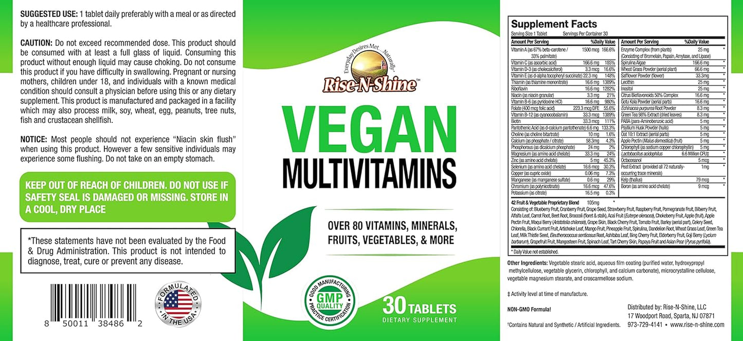 Vegan MultiVitamins Complete Daily Supplement for Men and Women - Over 80 Vitamins, Minerals, Fruits, Vegetables - 30 Count