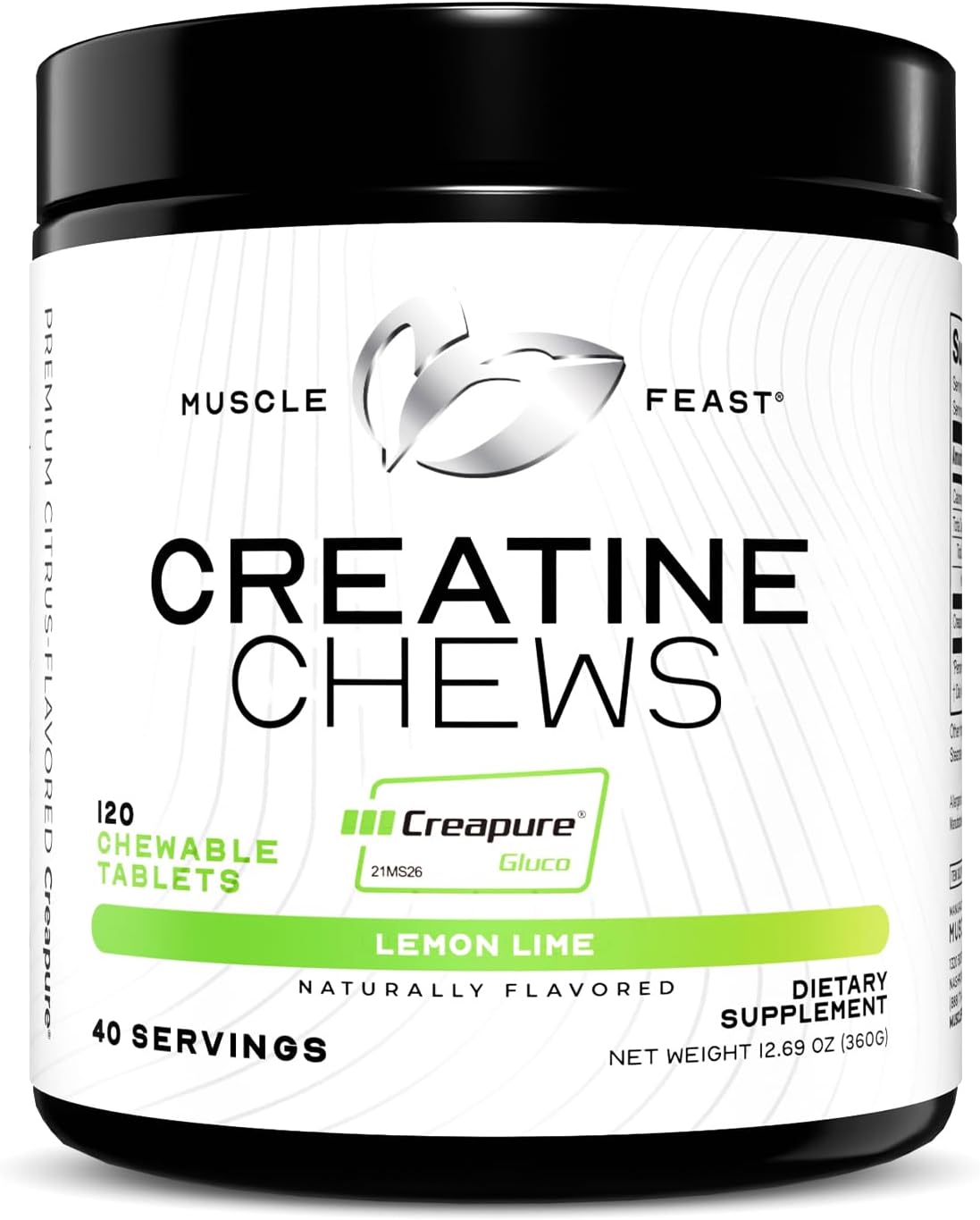 Vegan Muscle Feast Creapure Creatine Monohydrate Chews, Lemon Lime Flavor, 120 Tablets