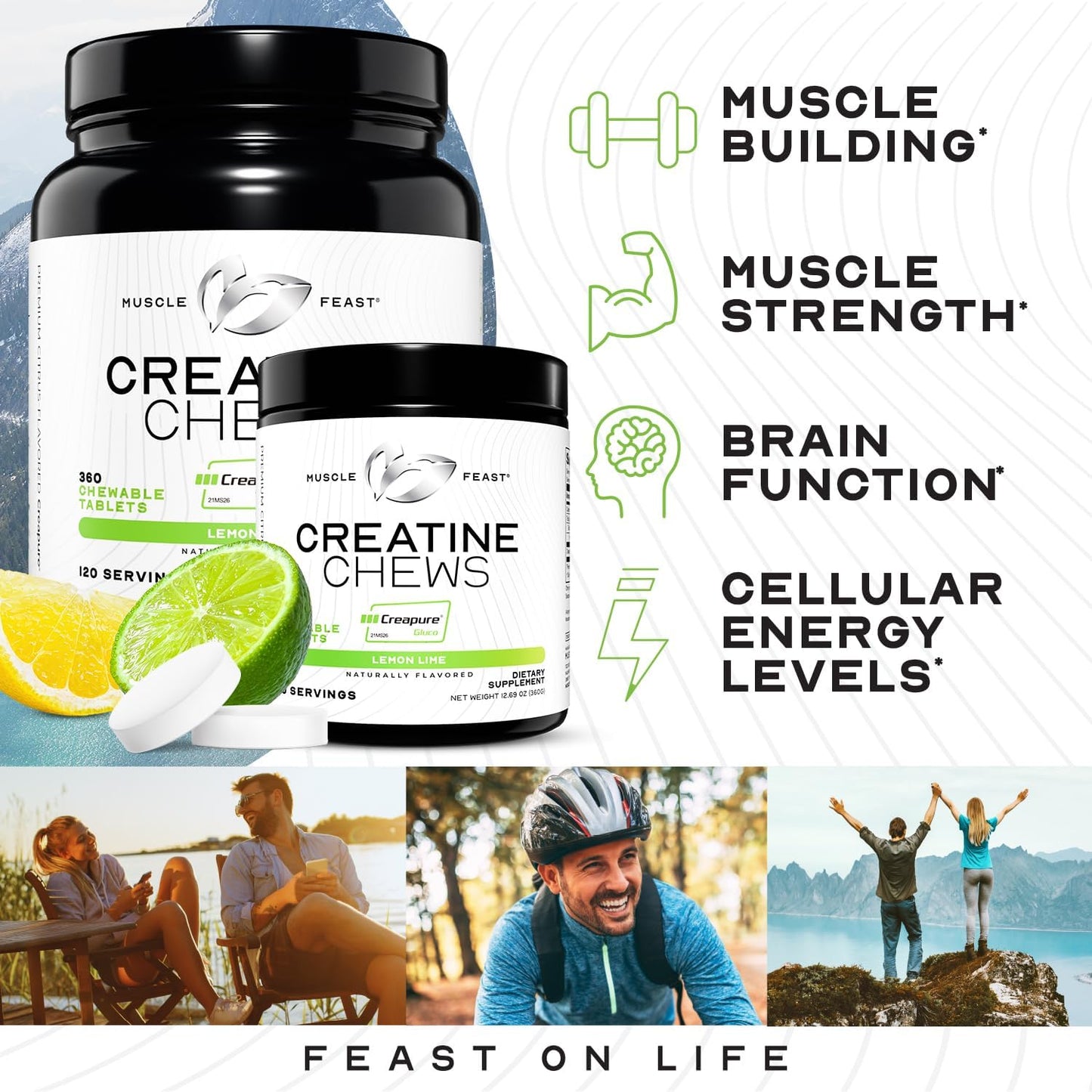 Vegan Muscle Feast Creapure Creatine Monohydrate Chews, Lemon Lime Flavor, 120 Tablets