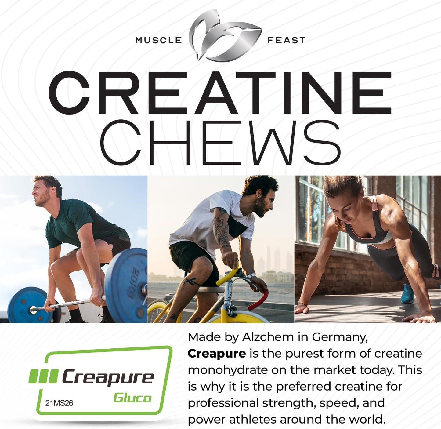 Vegan Muscle Feast Creapure Creatine Monohydrate Chews, Lemon Lime Flavor, 120 Tablets
