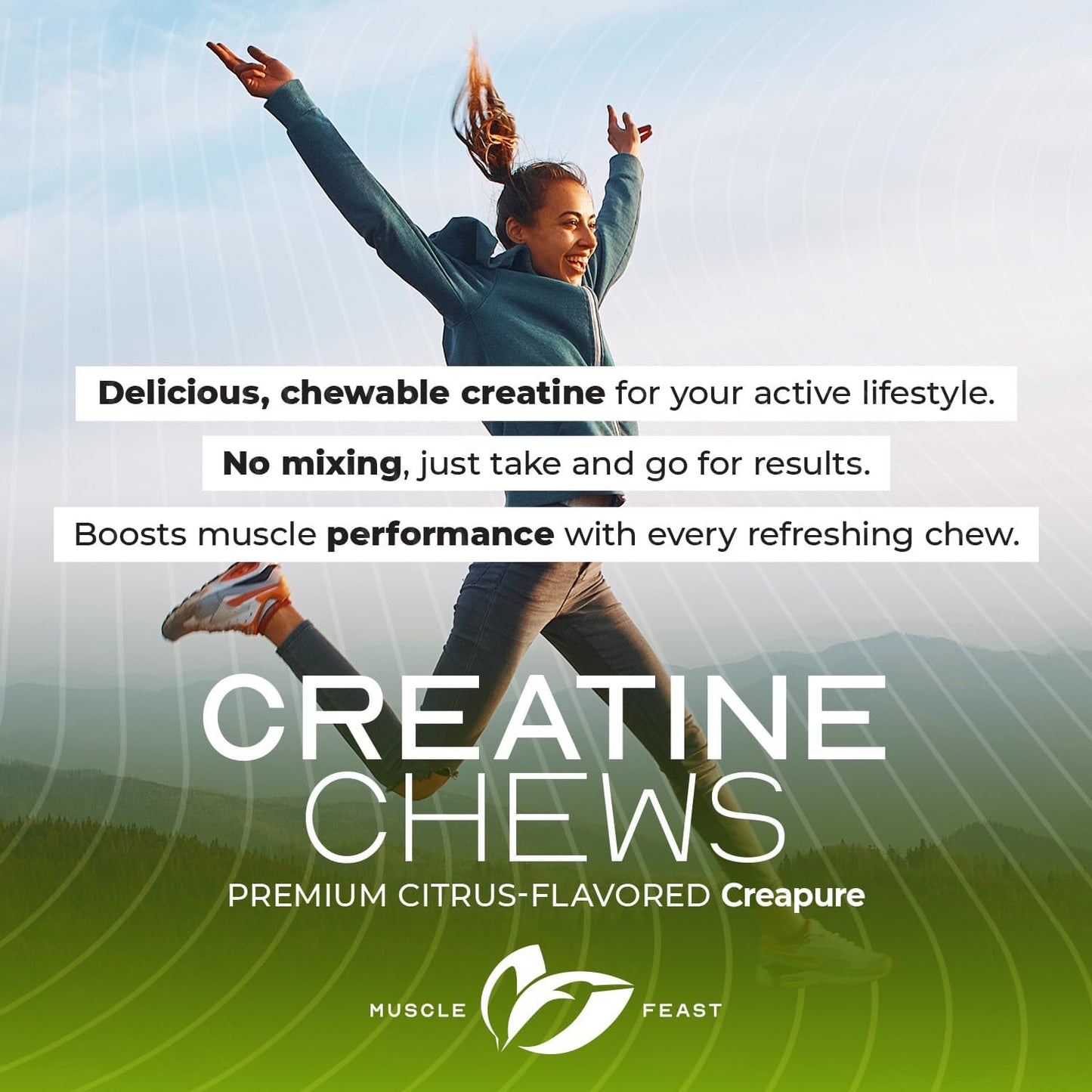 Vegan Muscle Feast Creapure Creatine Monohydrate Chews, Lemon Lime Flavor, 120 Tablets