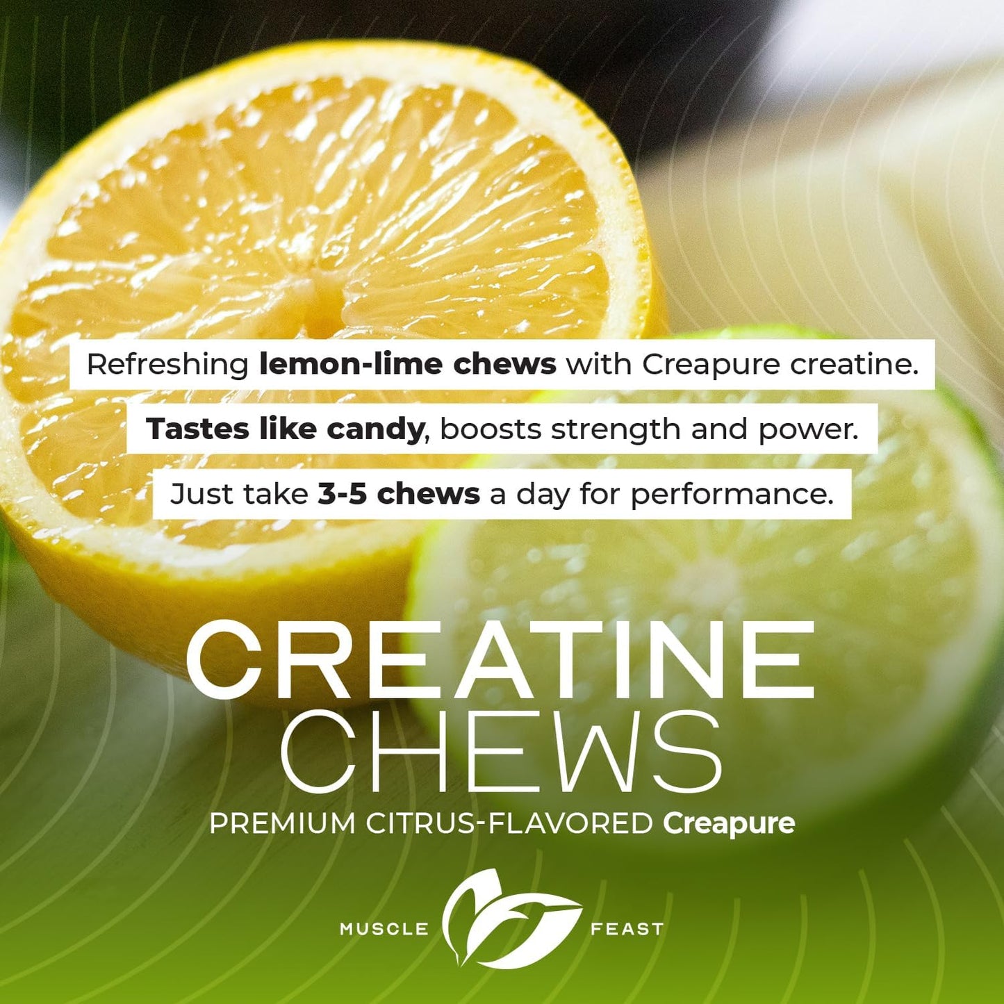 Vegan Muscle Feast Creapure Creatine Monohydrate Chews, Lemon Lime Flavor, 120 Tablets