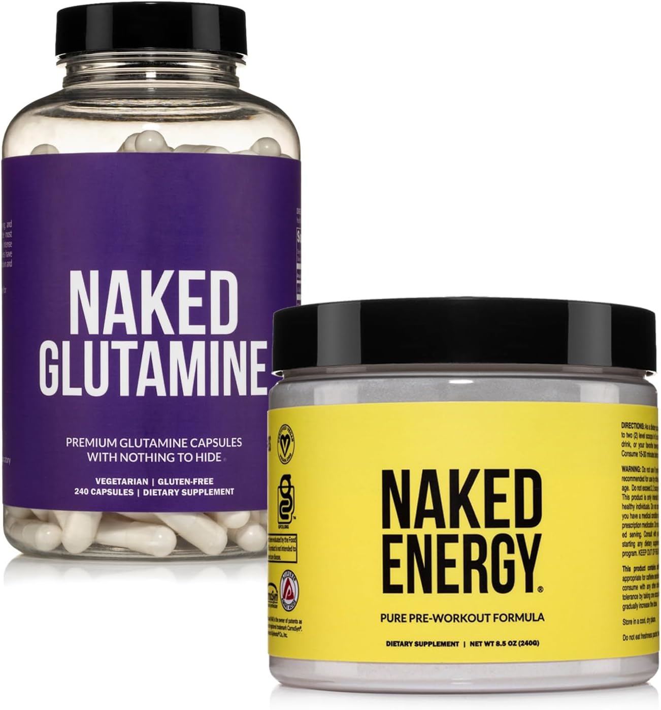 Vegan Muscle Recovery Bundle: Unflavored Energy Powder & L-Glutamine Capsules, 1000mg - Naked Nutrition