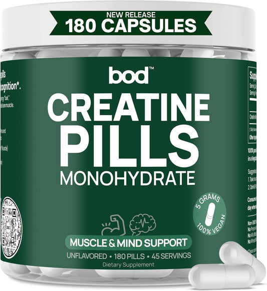 Vegan Muscle Support Creatine Monohydrate Pills, 5g per Serving, 45 Servings, 180 Capsules for Pre or Post-Workout
