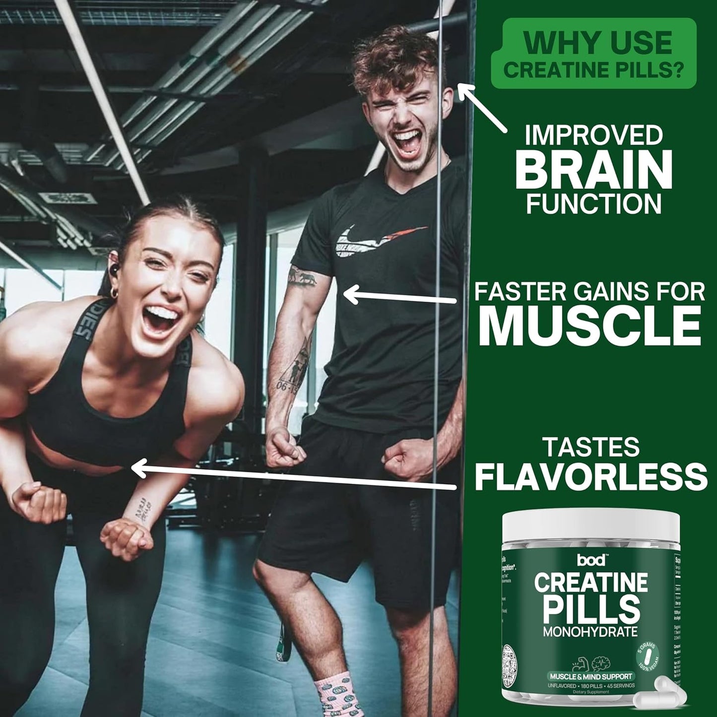 Vegan Muscle Support Creatine Monohydrate Pills, 5g per Serving, 45 Servings, 180 Capsules for Pre or Post-Workout