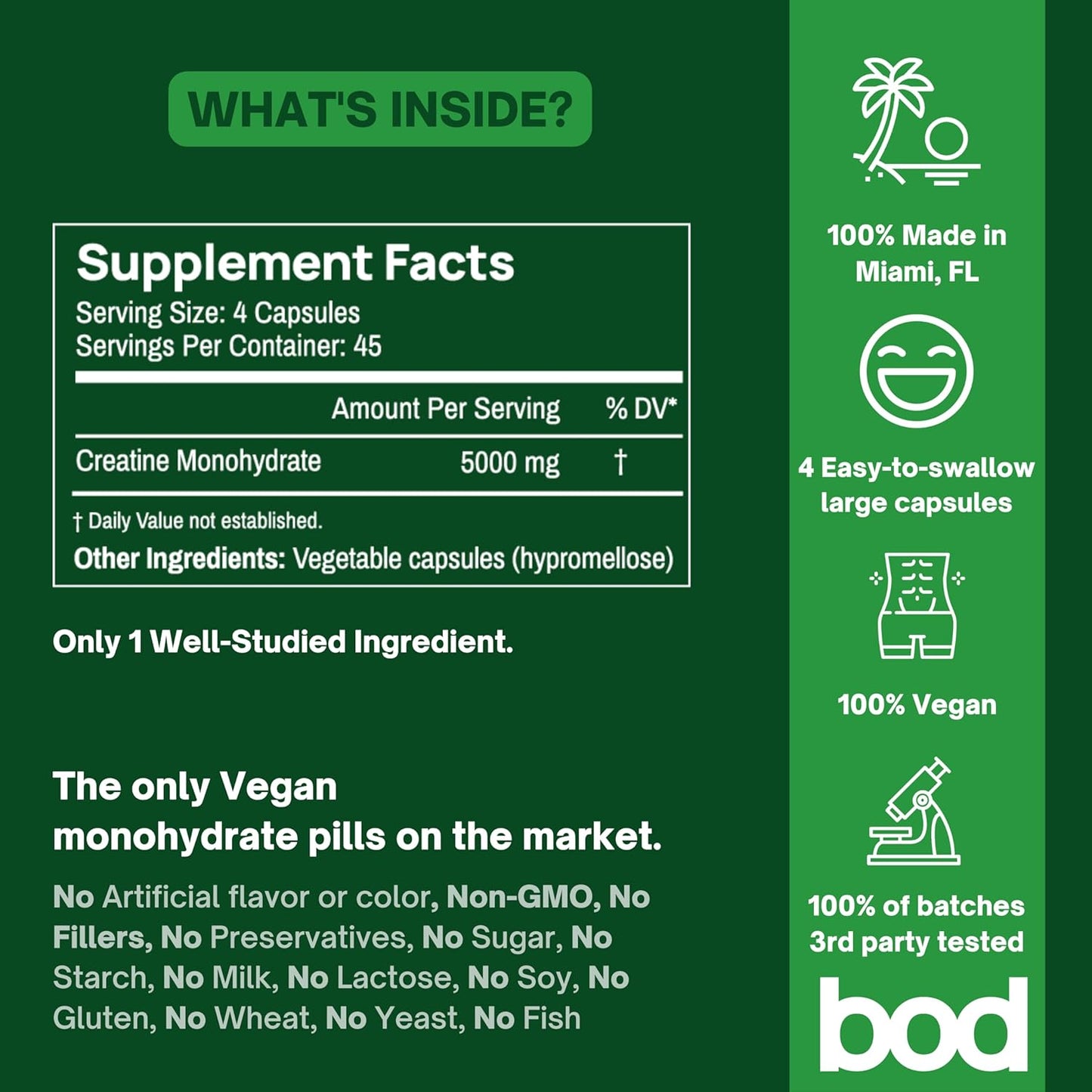 Vegan Muscle Support Creatine Monohydrate Pills, 5g per Serving, 45 Servings, 180 Capsules for Pre or Post-Workout