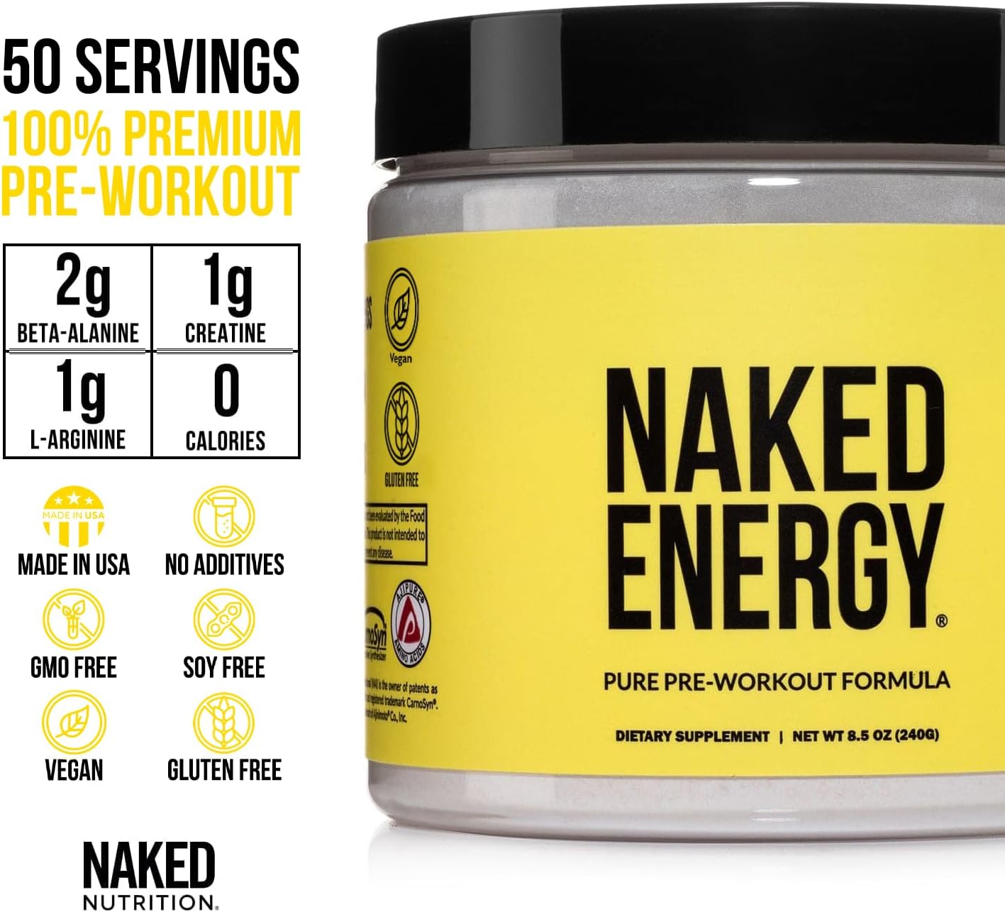 Vegan Naked Energy Pre Workout Powder - Unflavored Pure Energy Boost for Men and Women - 50 Servings