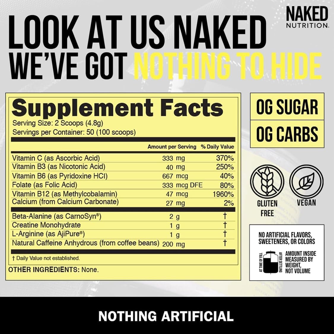 Vegan Naked Energy Pre Workout Powder - Unflavored Pure Energy Boost for Men and Women - 50 Servings
