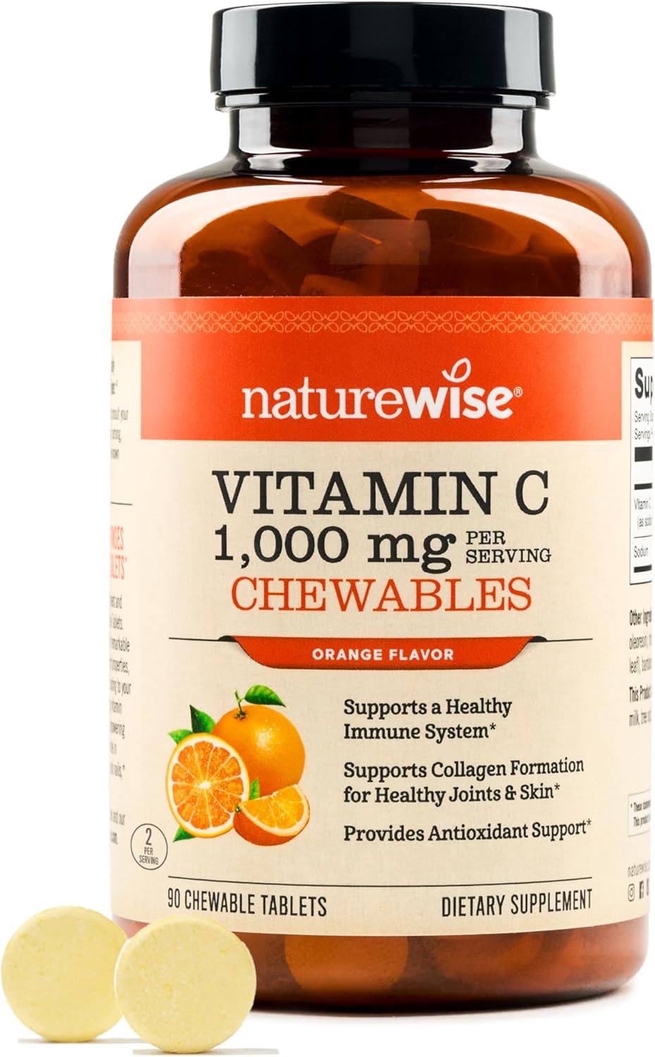 Vegan NatureWise Vitamin C 1000mg Chewable Tablets - Immune System & Collagen Support - Non-GMO, Soy & Gluten Free - Orange Flavor - 90 Count