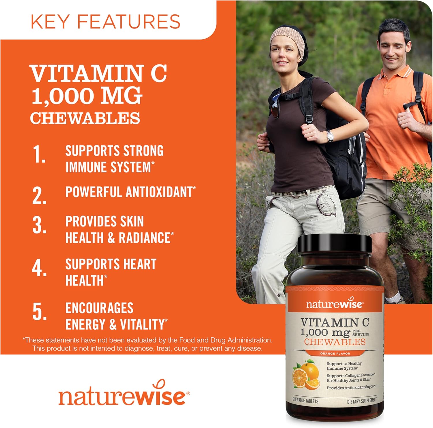 Vegan NatureWise Vitamin C 1000mg Chewable Tablets - Immune System & Collagen Support - Non-GMO, Soy & Gluten Free - Orange Flavor - 90 Count