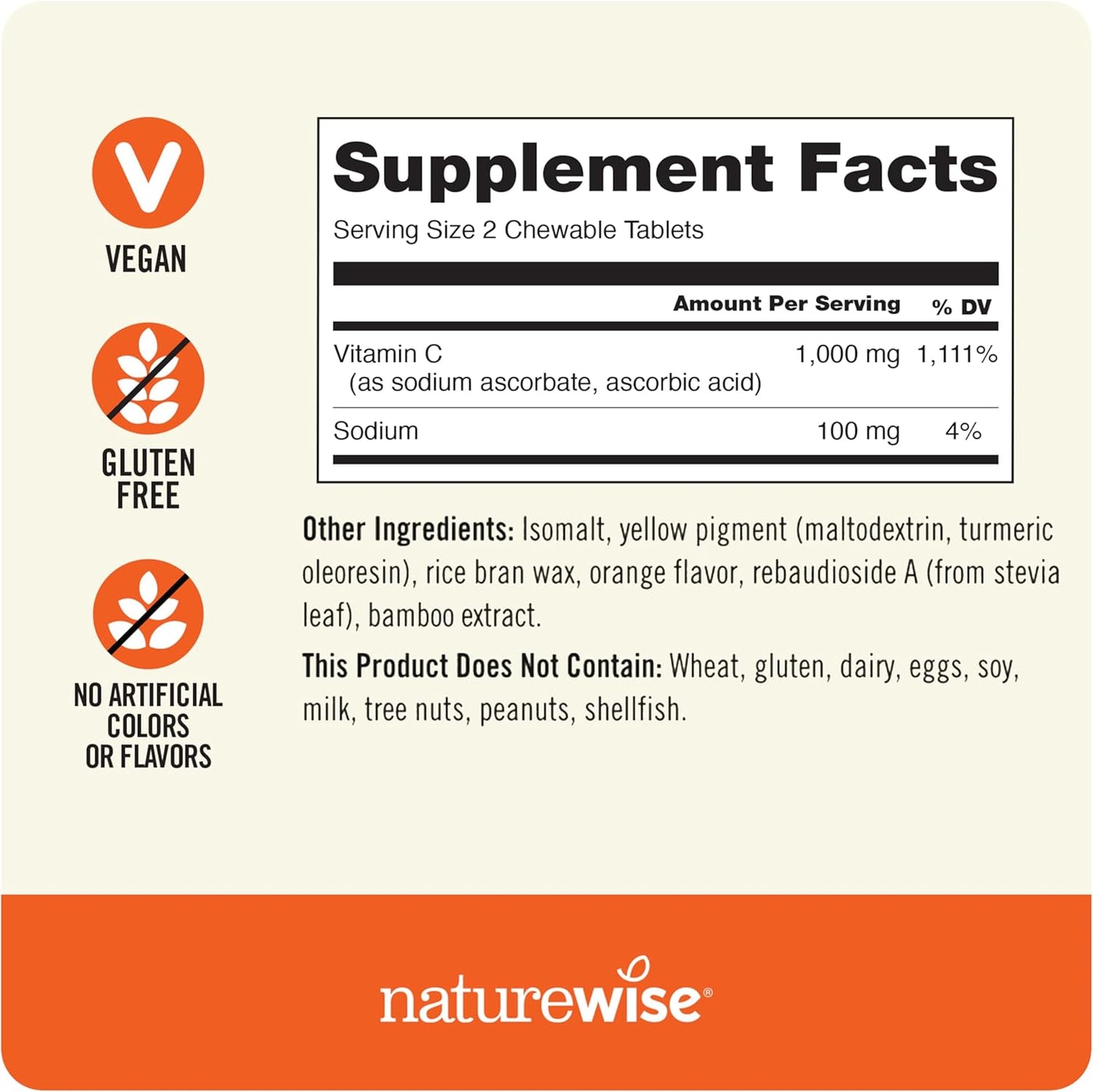 Vegan NatureWise Vitamin C 1000mg Chewable Tablets - Immune System & Collagen Support - Non-GMO, Soy & Gluten Free - Orange Flavor - 90 Count