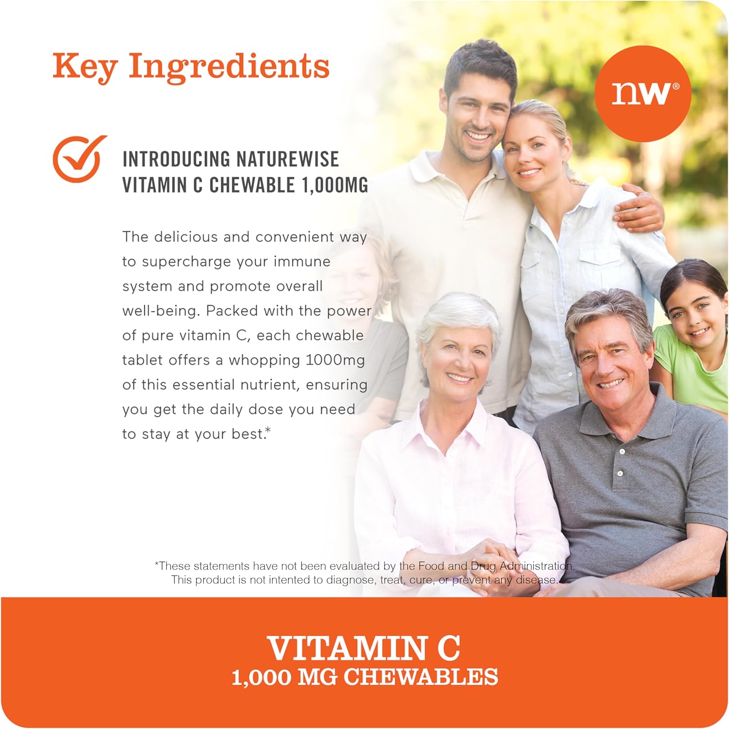Vegan NatureWise Vitamin C 1000mg Chewable Tablets - Immune System & Collagen Support - Non-GMO, Soy & Gluten Free - Orange Flavor - 90 Count