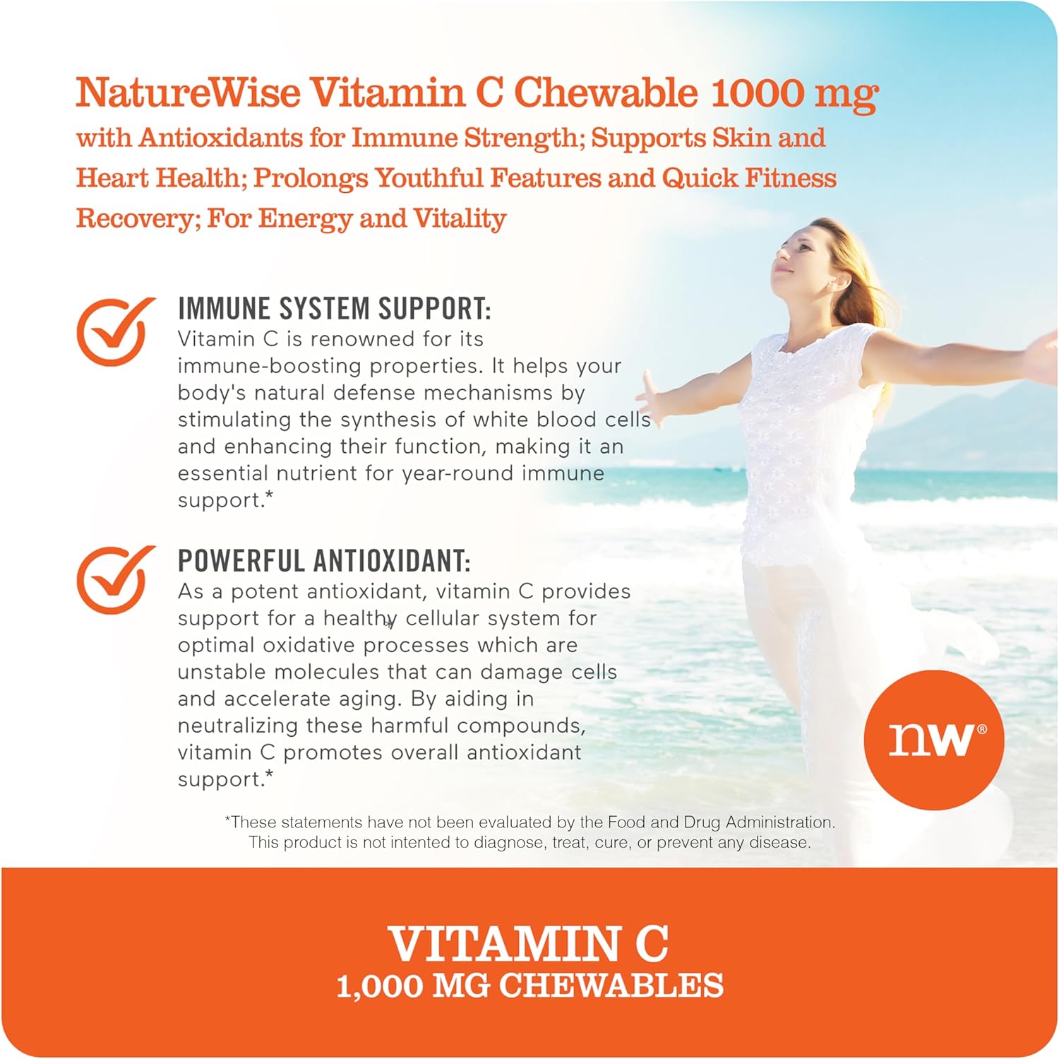 Vegan NatureWise Vitamin C 1000mg Chewable Tablets - Immune System & Collagen Support - Non-GMO, Soy & Gluten Free - Orange Flavor - 90 Count