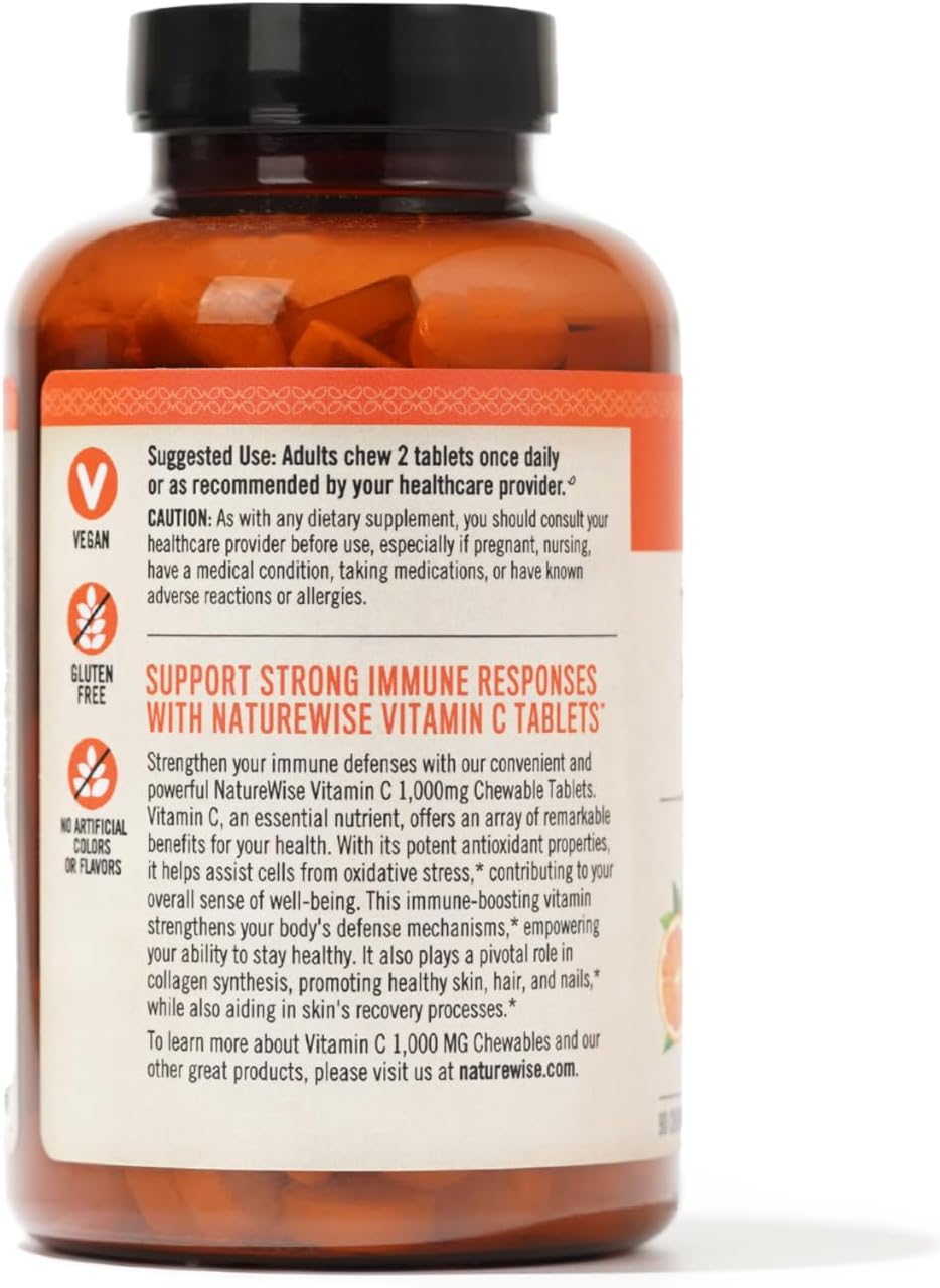Vegan NatureWise Vitamin C 1000mg Chewable Tablets - Immune System & Collagen Support - Non-GMO, Soy & Gluten Free - Orange Flavor - 90 Count