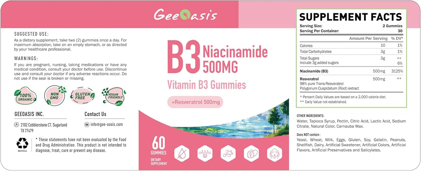 Vegan Niacinamide & Resveratrol Gummies 500mg - Chewable Vitamin B3 Supplement, Apple Flavor - 60 Count
