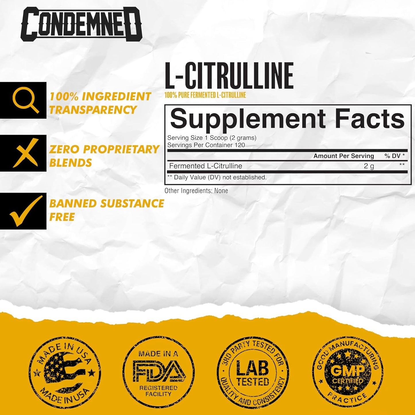 Vegan Nitric Oxide Booster Powder for Endurance | Condemned Labz L-Citrulline | Gluten Free | 120 Servings | Unflavored