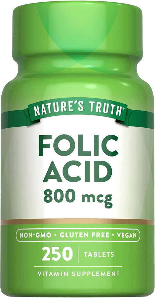 Vegan Non-GMO Folic Acid Tablets - 800 mcg, 250 Count - Gluten Free Supplement by Nature's Truth