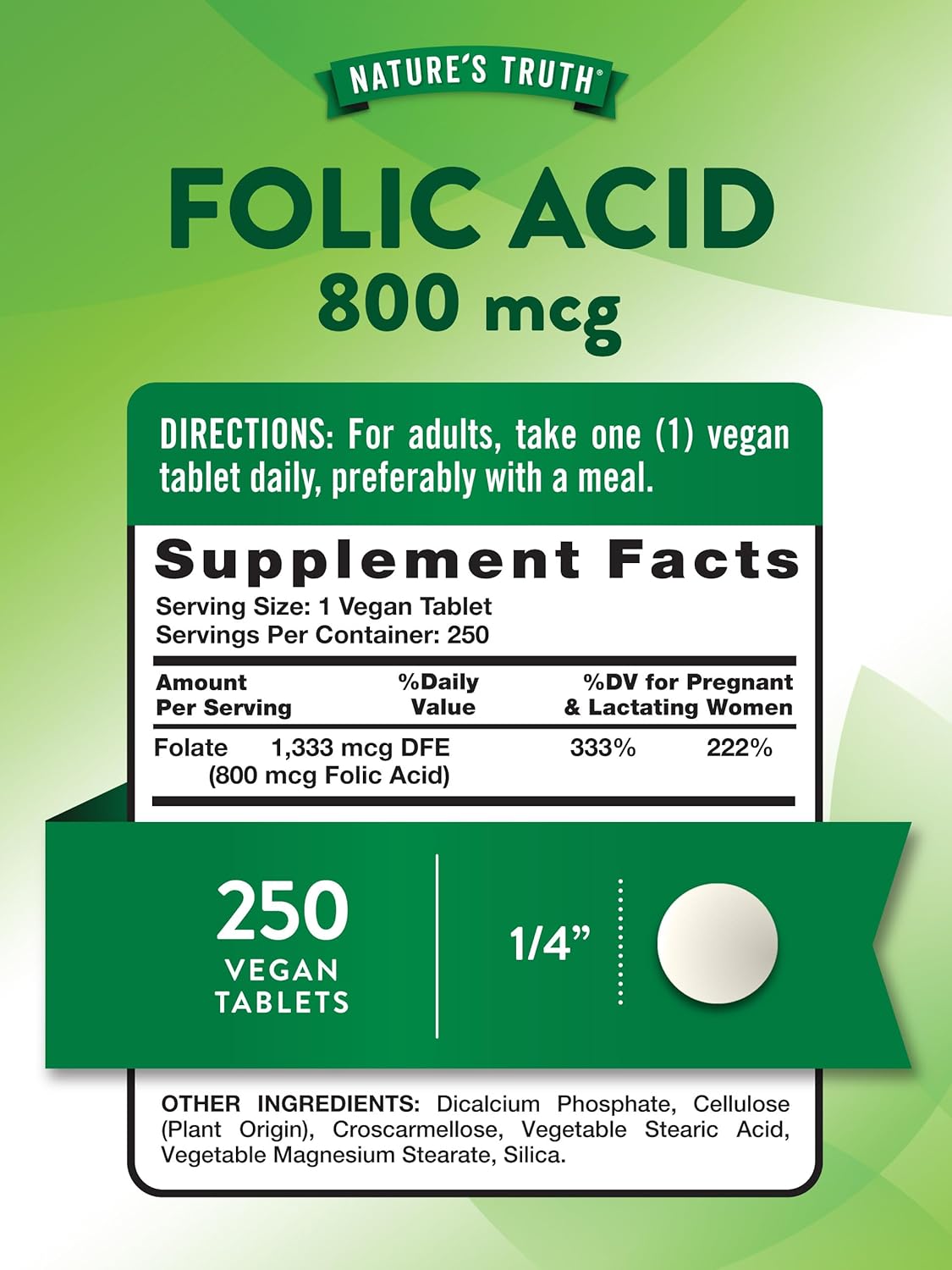 Vegan Non-GMO Folic Acid Tablets - 800 mcg, 250 Count - Gluten Free Supplement by Nature's Truth