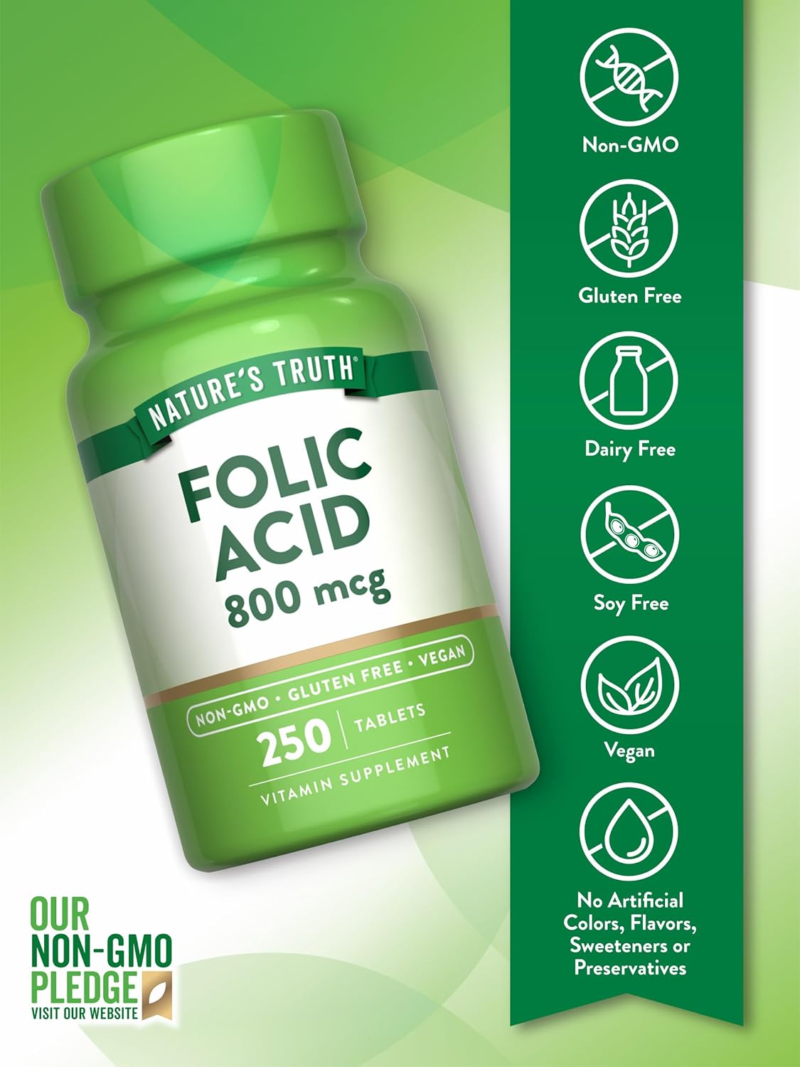Vegan Non-GMO Folic Acid Tablets - 800 mcg, 250 Count - Gluten Free Supplement by Nature's Truth