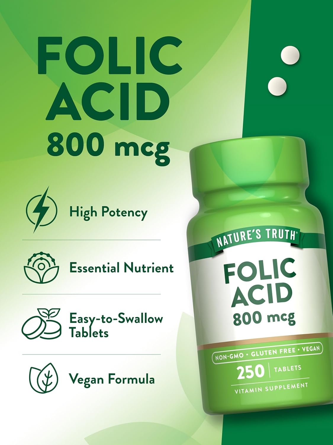 Vegan Non-GMO Folic Acid Tablets - 800 mcg, 250 Count - Gluten Free Supplement by Nature's Truth