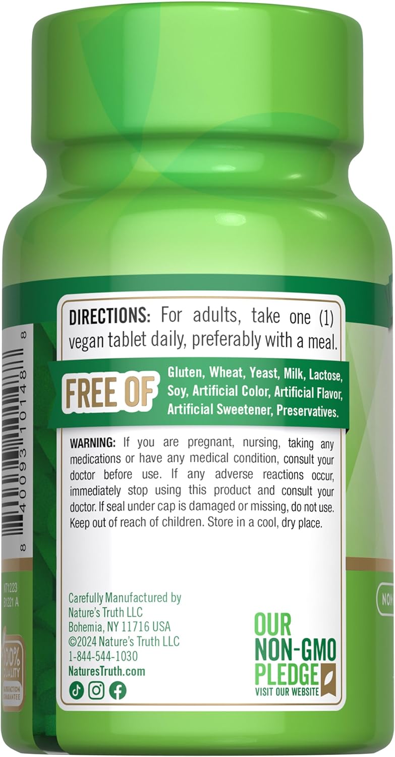 Vegan Non-GMO Folic Acid Tablets - 800 mcg, 250 Count - Gluten Free Supplement by Nature's Truth