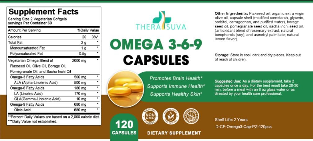 Vegan Omega 3-6-9 Supplement for Heart & Joint Health - 120 Softgels, 60 Day Supply