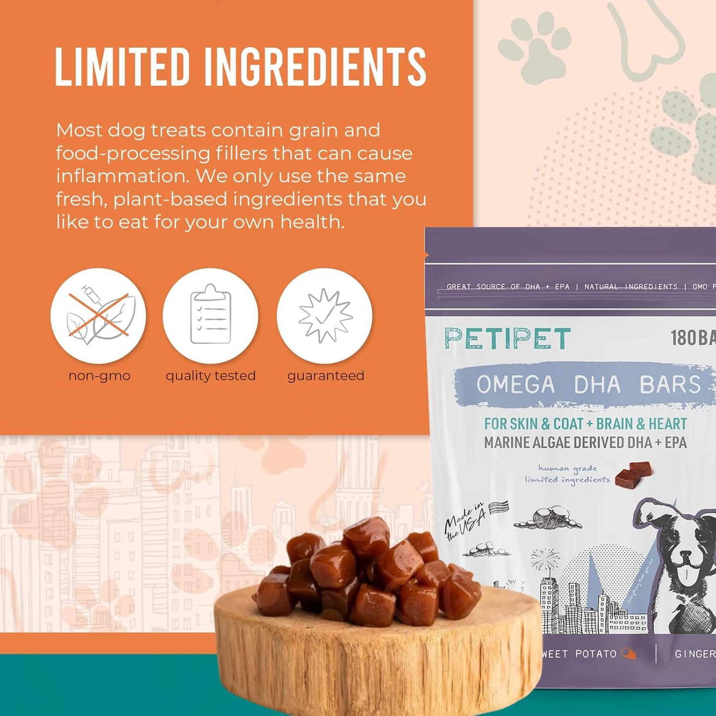 Vegan Omega 3 Chew Treats for Dogs - Itchy Skin Relief, Coat Health, Joint Support - Natural Supplement for Dogs