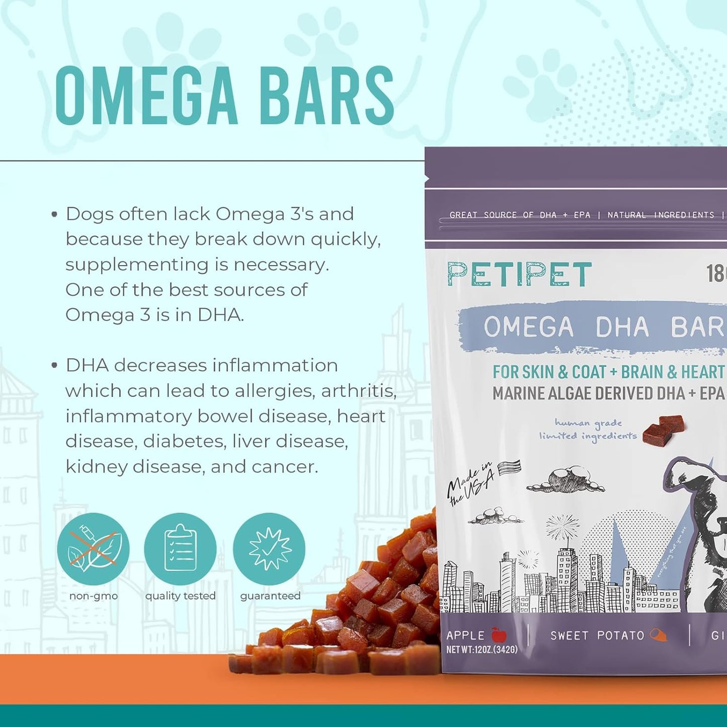 Vegan Omega 3 Chew Treats for Dogs - Itchy Skin Relief, Coat Health, Joint Support - Natural Supplement for Dogs