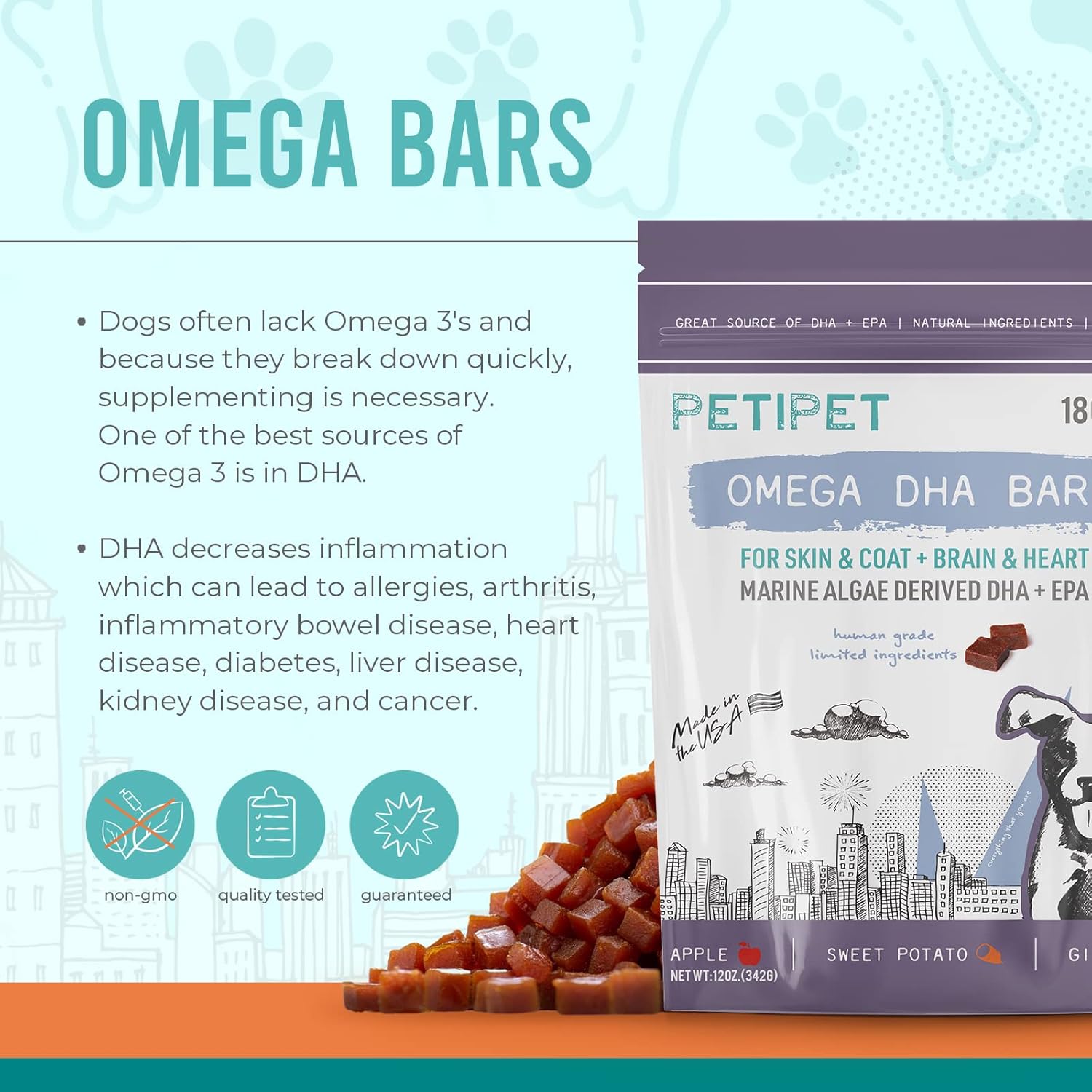 Vegan Omega 3 Chew Treats for Dogs - Itchy Skin Relief, Coat Health, Joint Support - Natural Supplement for Dogs