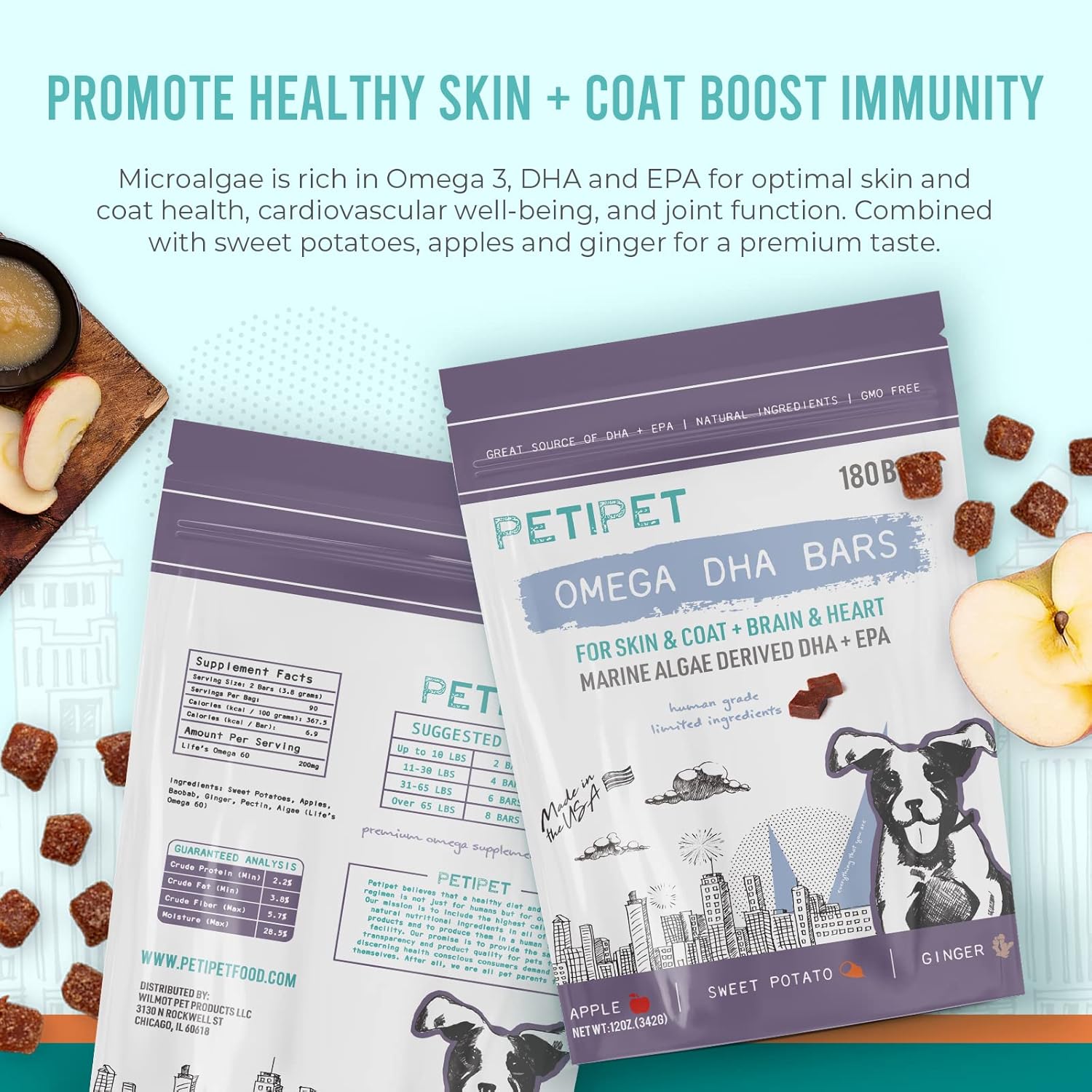 Vegan Omega 3 Chew Treats for Dogs - Itchy Skin Relief, Coat Health, Joint Support - Natural Supplement for Dogs