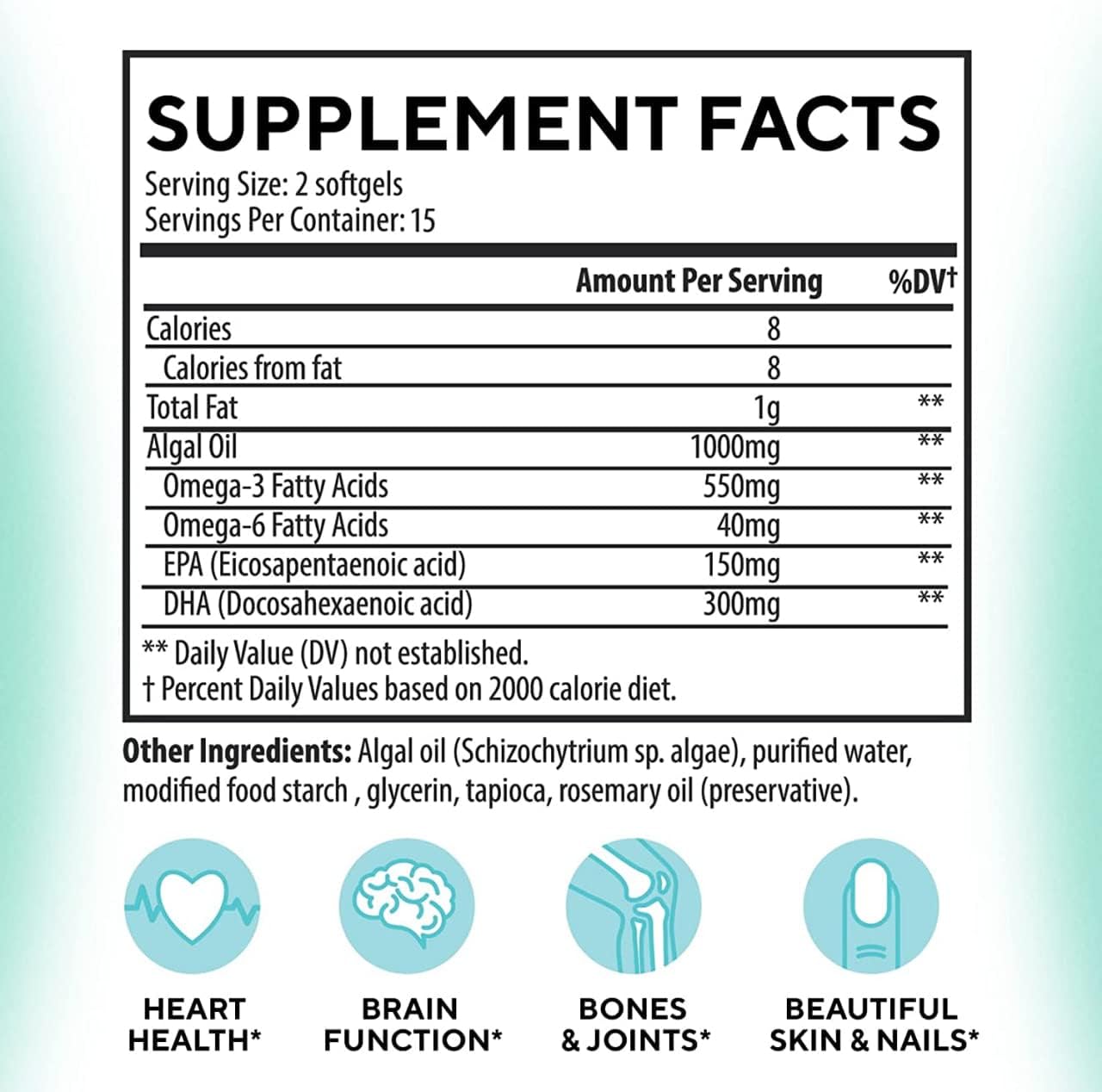Vegan Omega-3 DHA & EPA Supplement - Algae Oil 1000mg - Heart, Brain, Joint, Immune Support - 30 Count Pack