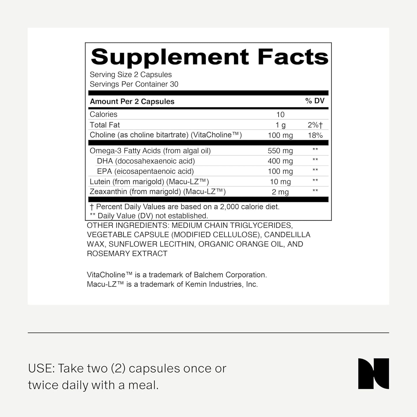 Vegan Omega-3 DHA EPA Supplement with Choline - 500MG of DHA & EPA, Algae Oil, 2 Capsules Daily, 30-Day Supply