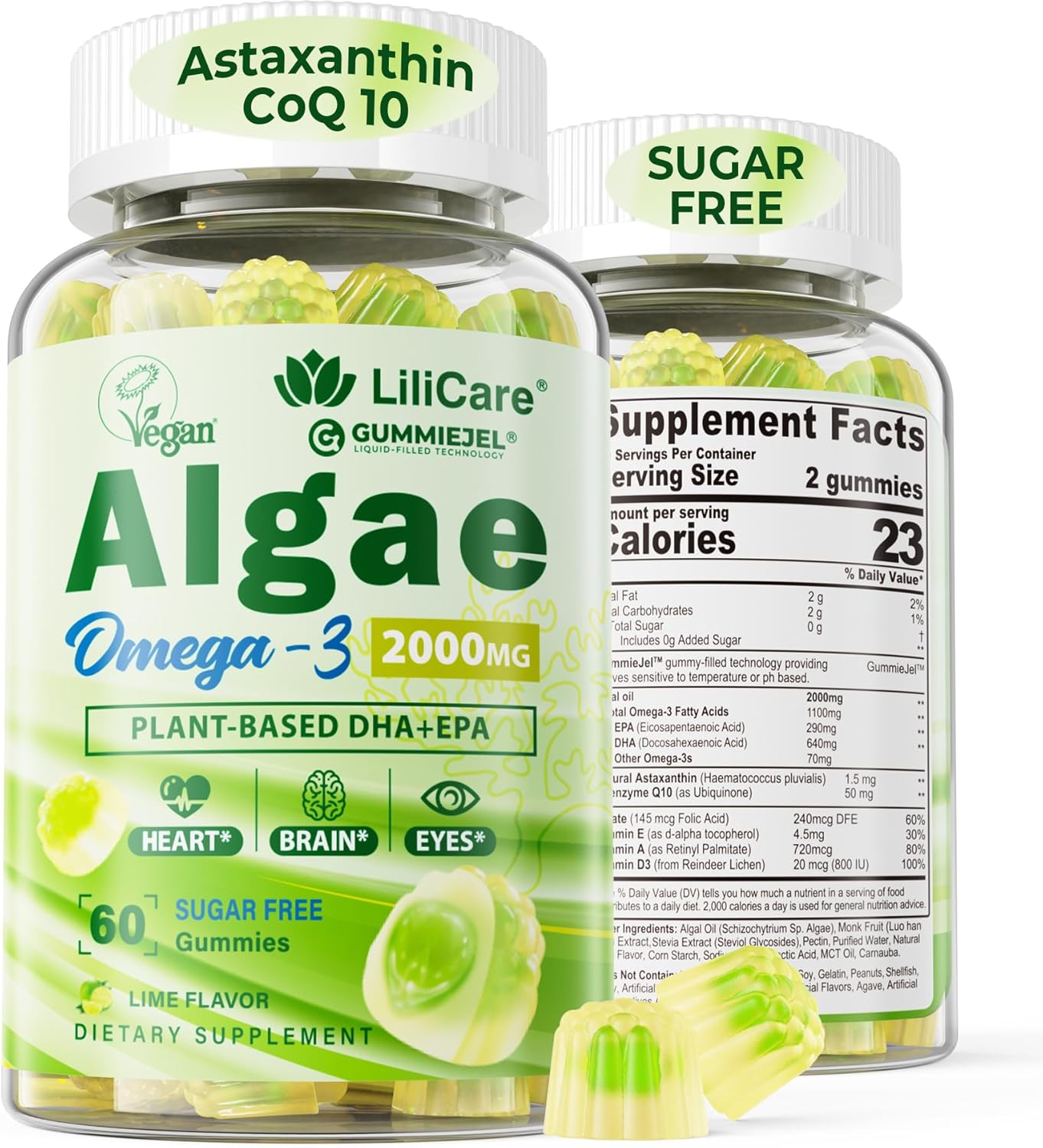 Vegan Omega 3 Gummies with DHA, EPA, CoQ10, Astaxanthin, Vitamin E, A, D3 - Brain, Eye, Bone Support - Sugar Free - 120 Count