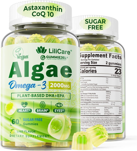 Vegan Omega 3 Gummies with DHA, EPA, CoQ10, Astaxanthin, Vitamin E, A, D3 - Brain, Eye, Bone Support - Sugar Free - 120 Count