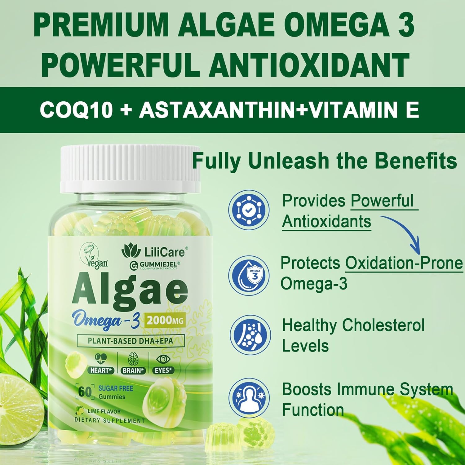 Vegan Omega 3 Gummies with DHA, EPA, CoQ10, Astaxanthin, Vitamin E, A, D3 - Brain, Eye, Bone Support - Sugar Free - 120 Count