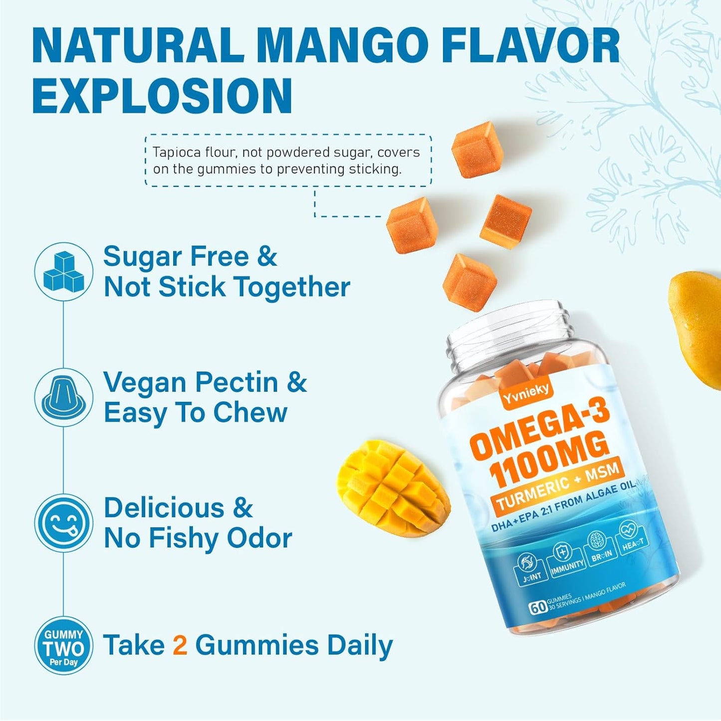 Vegan Omega 3 Gummies with DHA, EPA, Turmeric, Vitamins for Adults - 1100mg - Yvnieky