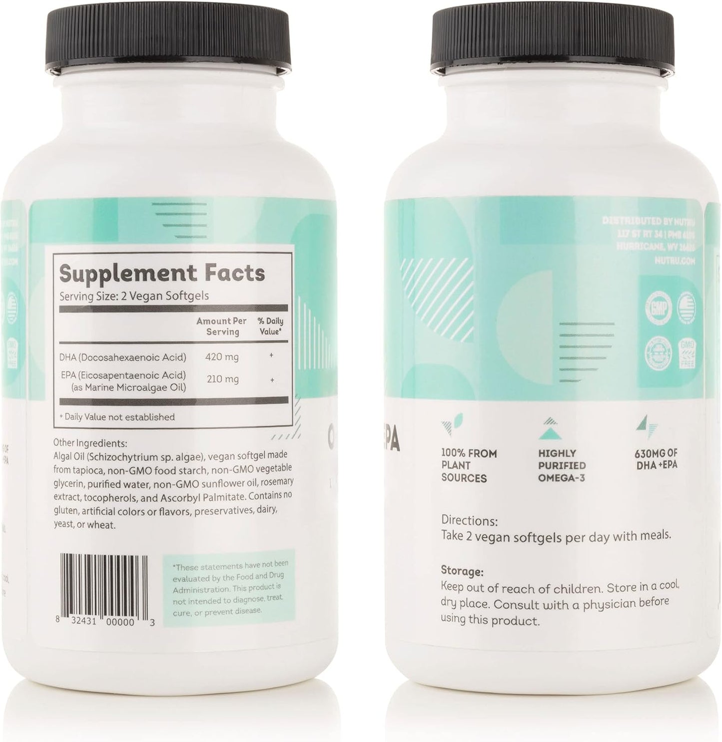 Vegan Omega-3 Supplement with DHA and EPA Fatty Acids - Algal Based - Carrageenan Free - 120 Softgels