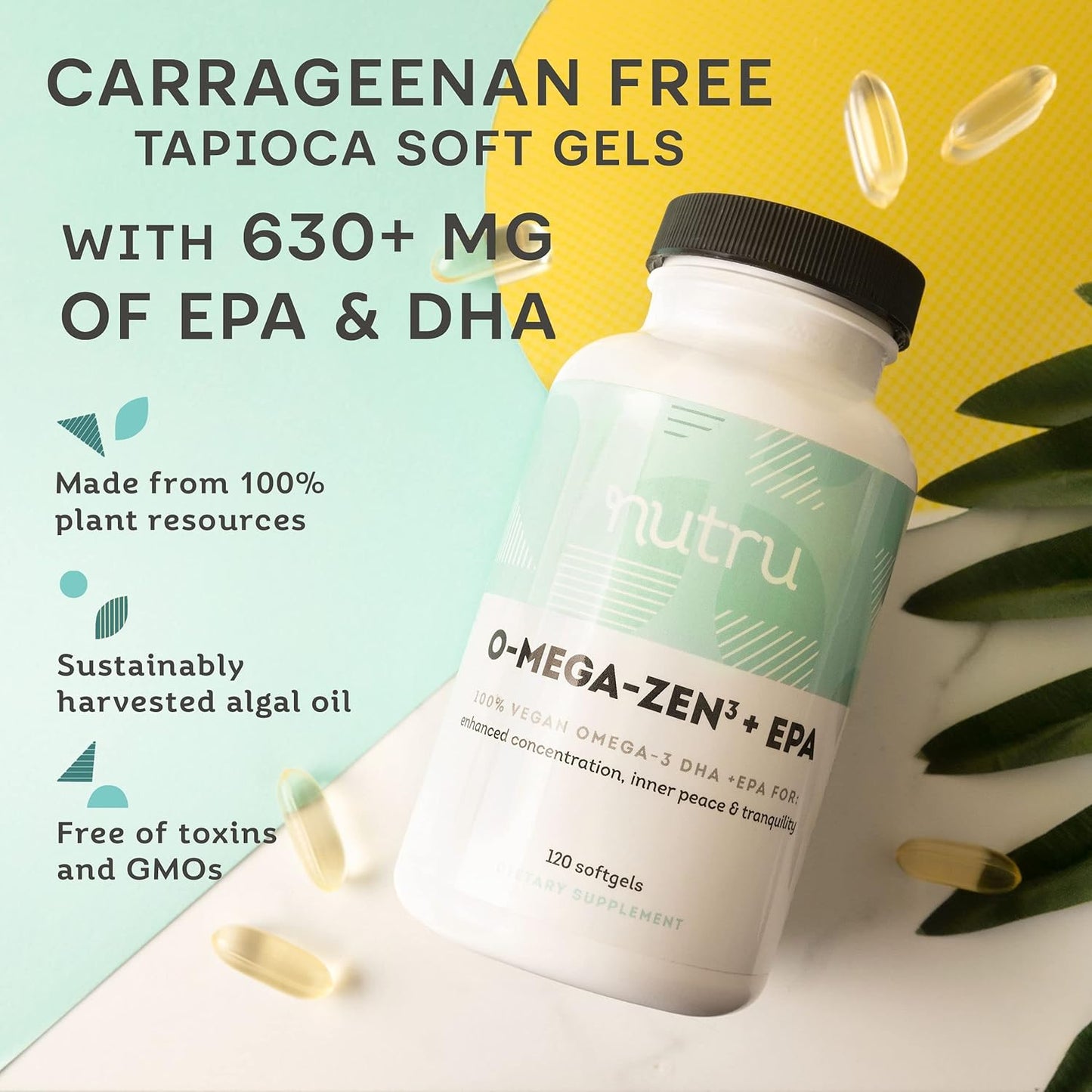 Vegan Omega-3 Supplement with DHA and EPA Fatty Acids - Algal Based - Carrageenan Free - 120 Softgels