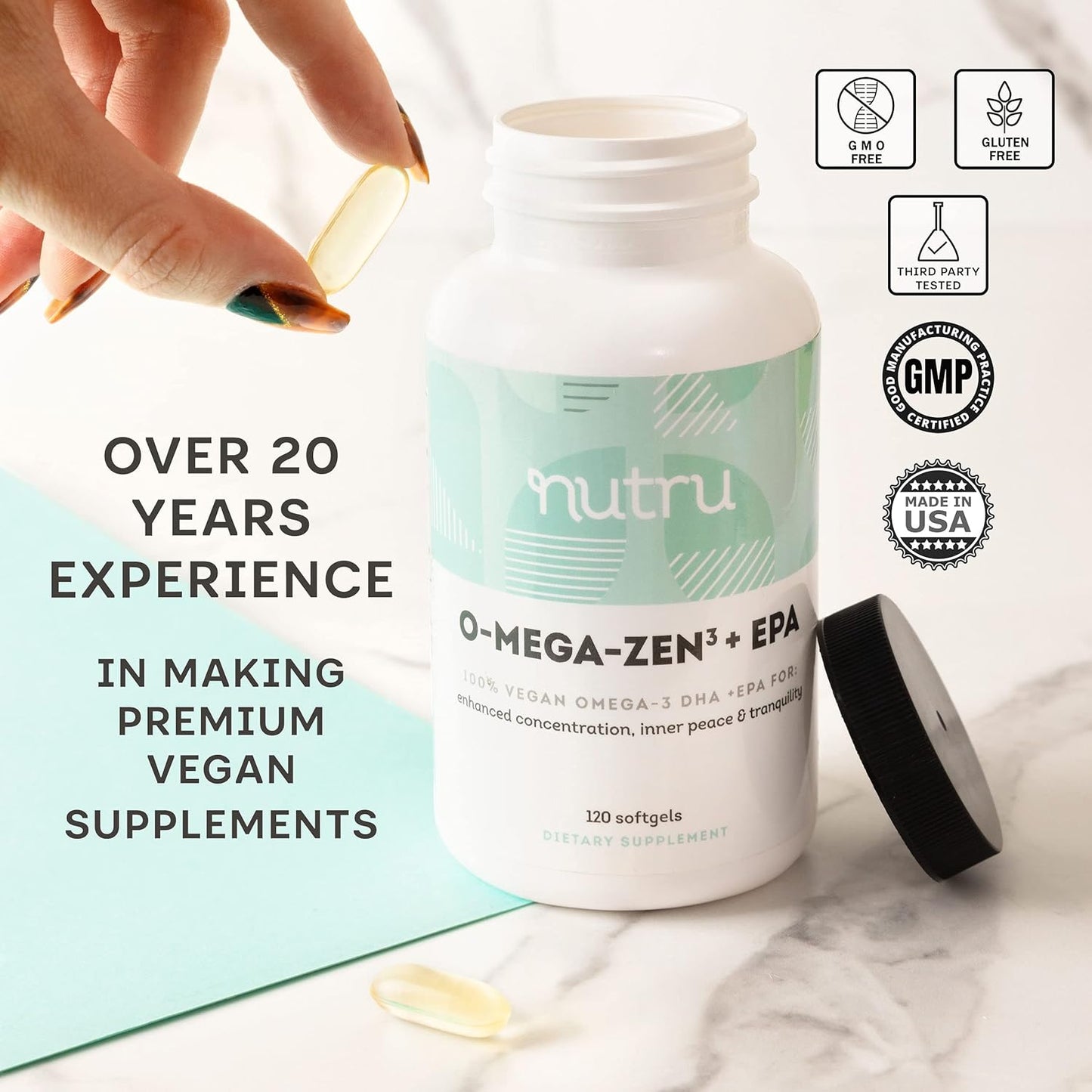 Vegan Omega-3 Supplement with DHA and EPA Fatty Acids - Algal Based - Carrageenan Free - 120 Softgels