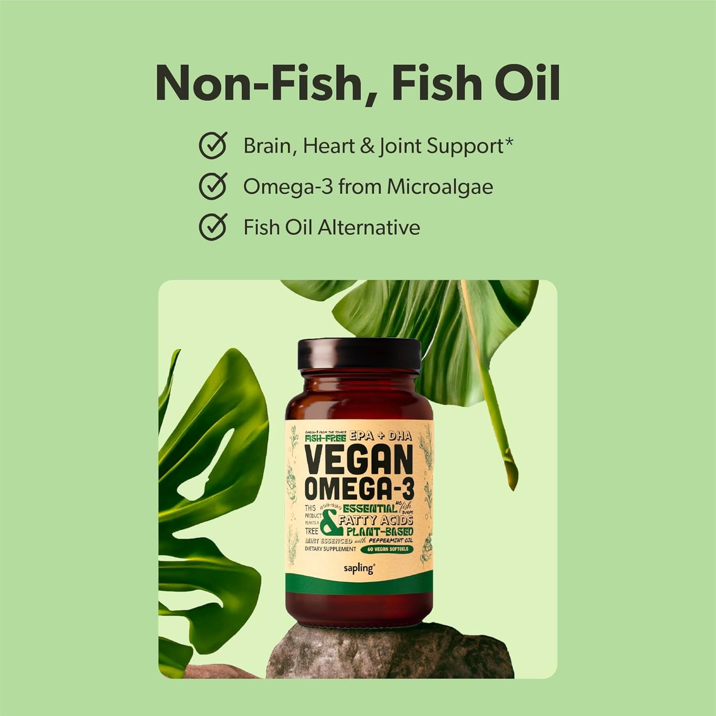 Vegan Omega 3 Supplement with DHA & EPA Fatty Acids from Sustainably Sourced Algae - Plant Based Alternative to Fish Oil for Heart, Brain, Joint Health - Carrageenan Free - 60 Softgels