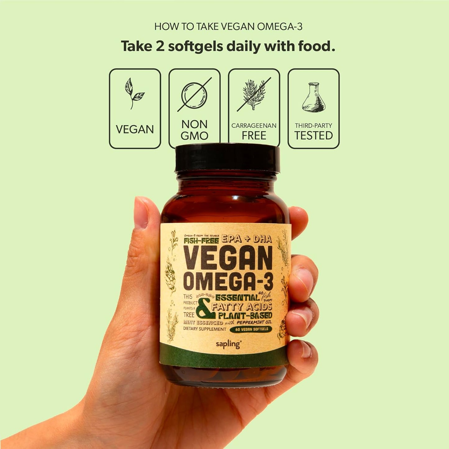 Vegan Omega 3 Supplement with DHA & EPA Fatty Acids from Sustainably Sourced Algae - Plant Based Alternative to Fish Oil for Heart, Brain, Joint Health - Carrageenan Free - 60 Softgels