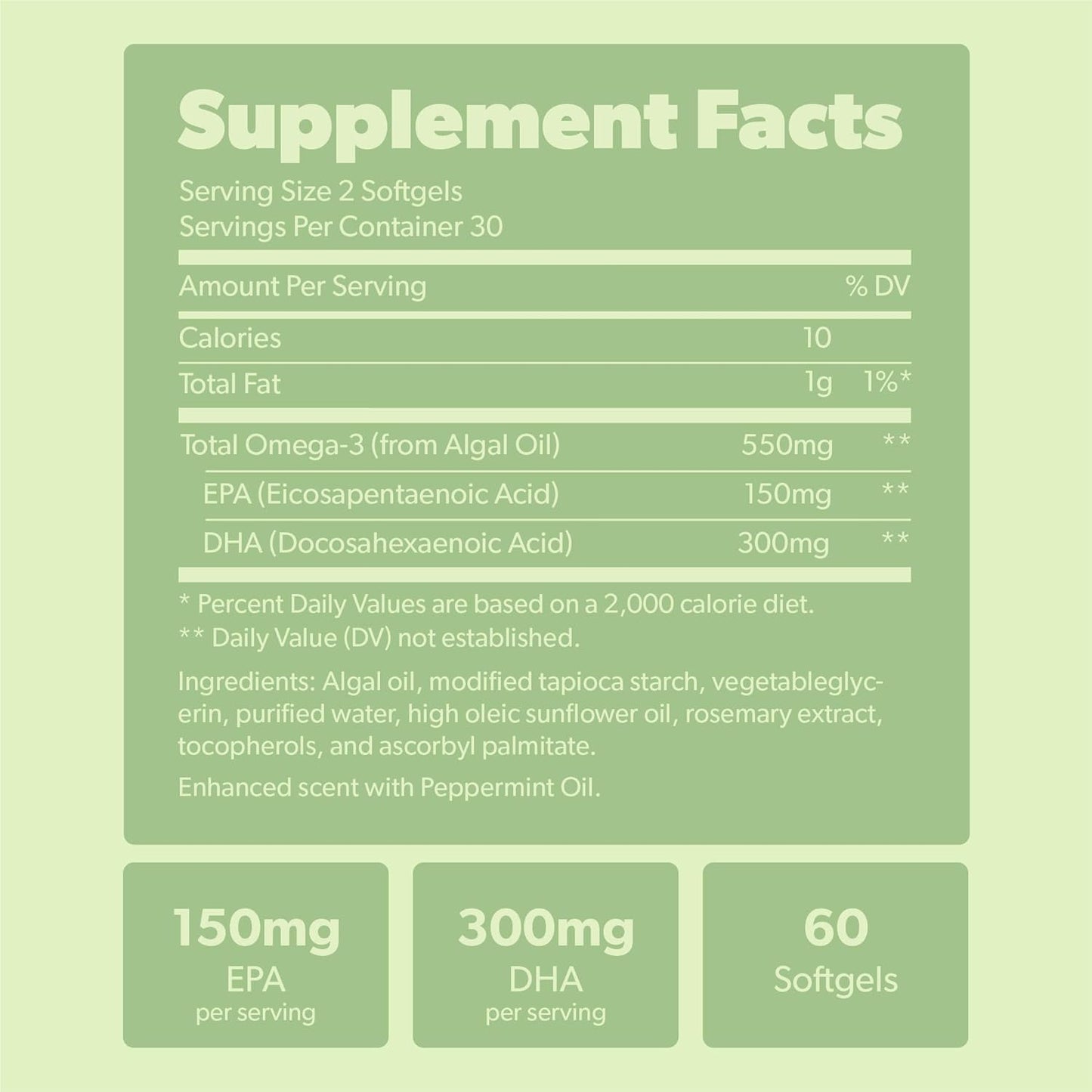 Vegan Omega 3 Supplement with DHA & EPA Fatty Acids from Sustainably Sourced Algae - Plant Based Alternative to Fish Oil for Heart, Brain, Joint Health - Carrageenan Free - 60 Softgels