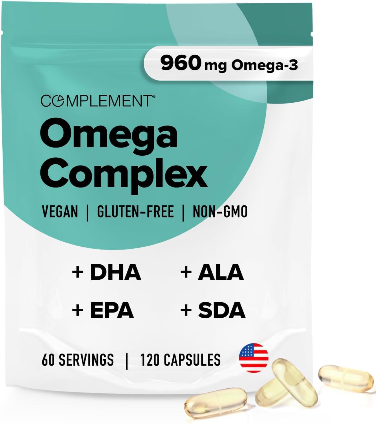 Vegan Omega-3 Supplement with DHA, EPA, SDA, ALA - 960mg Fatty Acids for Immune Support - 120 Liquid Capsules, 60 Servings