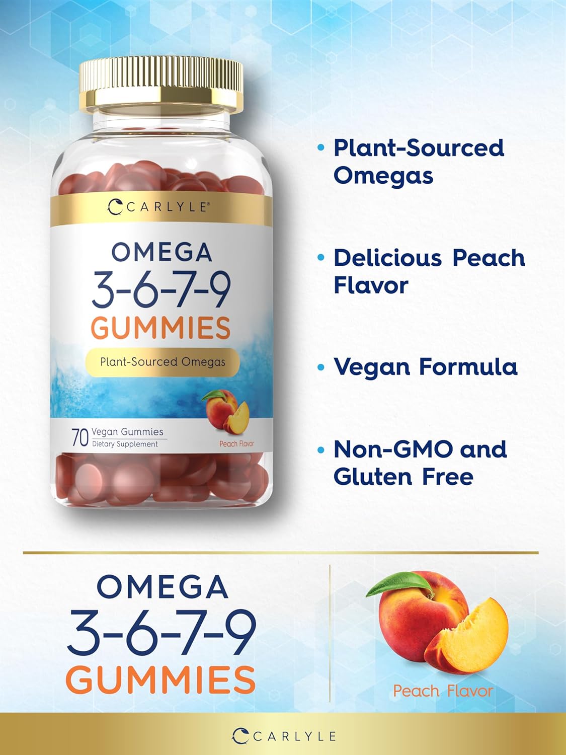 Vegan Peach Flavored Carlyle Omega 3 6 7 9 Gummies - 70 Count