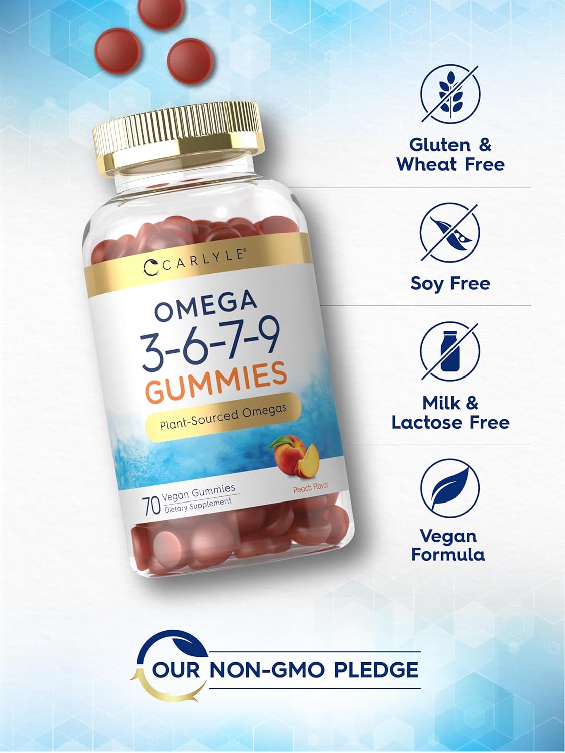 Vegan Peach Flavored Carlyle Omega 3 6 7 9 Gummies - 70 Count