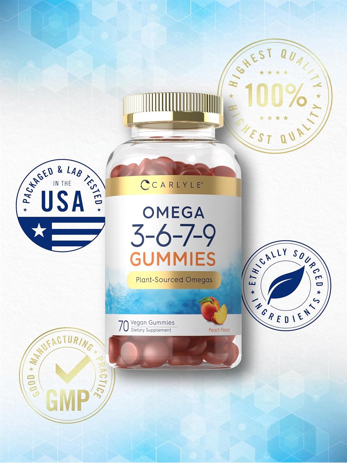 Vegan Peach Flavored Carlyle Omega 3 6 7 9 Gummies - 70 Count